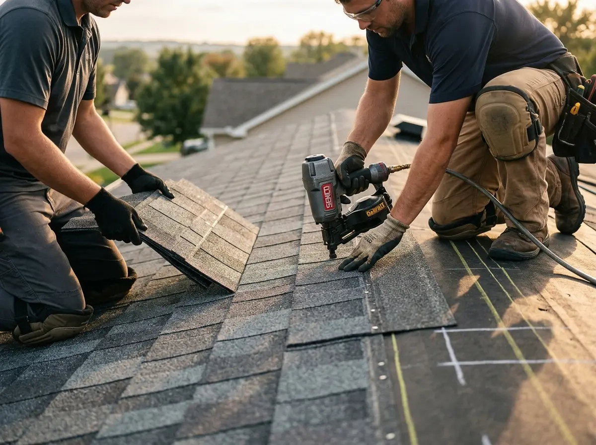 Professional roofer working on a residential roof in Fultondale
